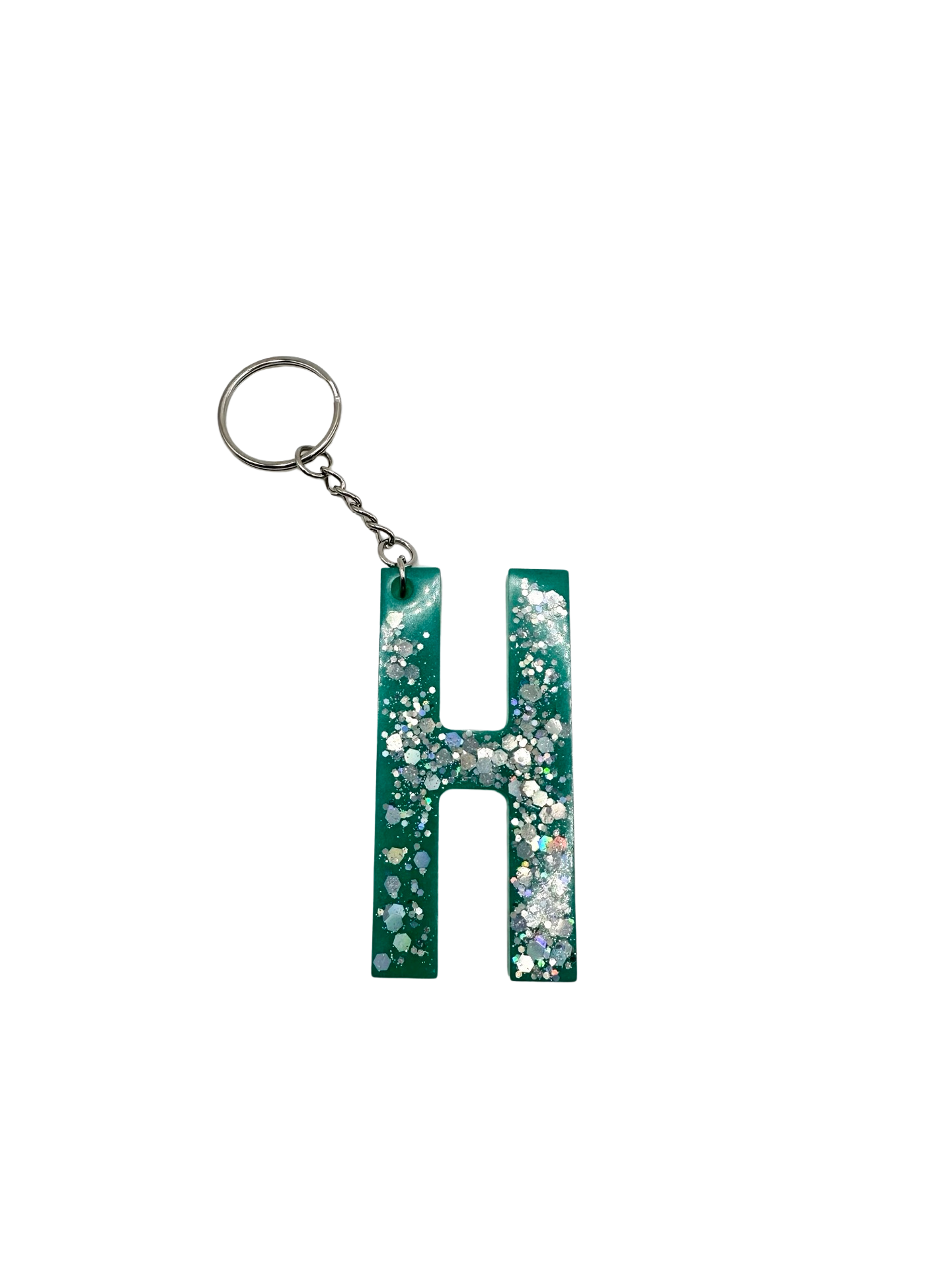 Letter H Keychain - Teal & Silver Sparkles
